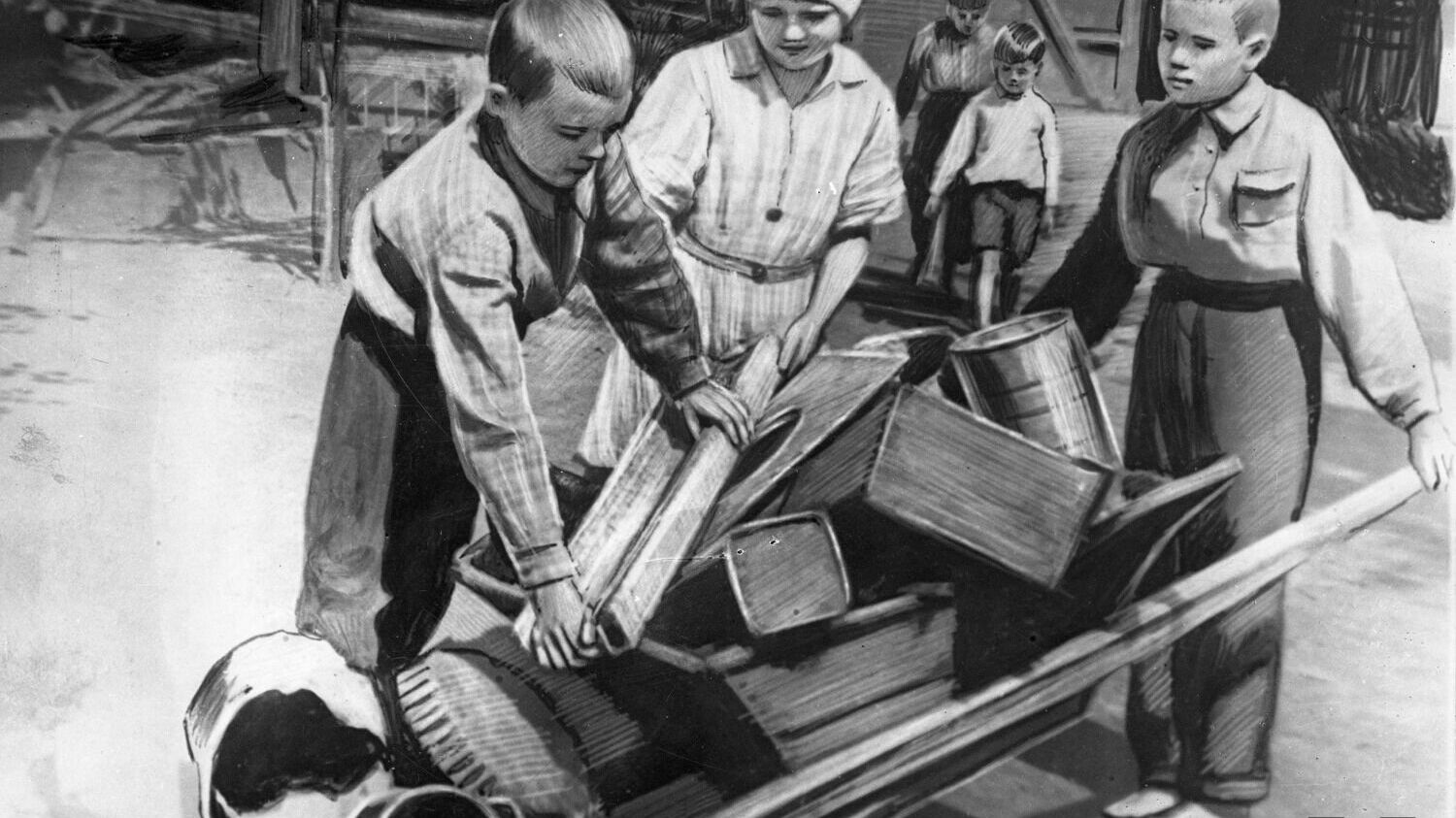 Школьники собирают железный лом для помощи фронту. 1940-е годы